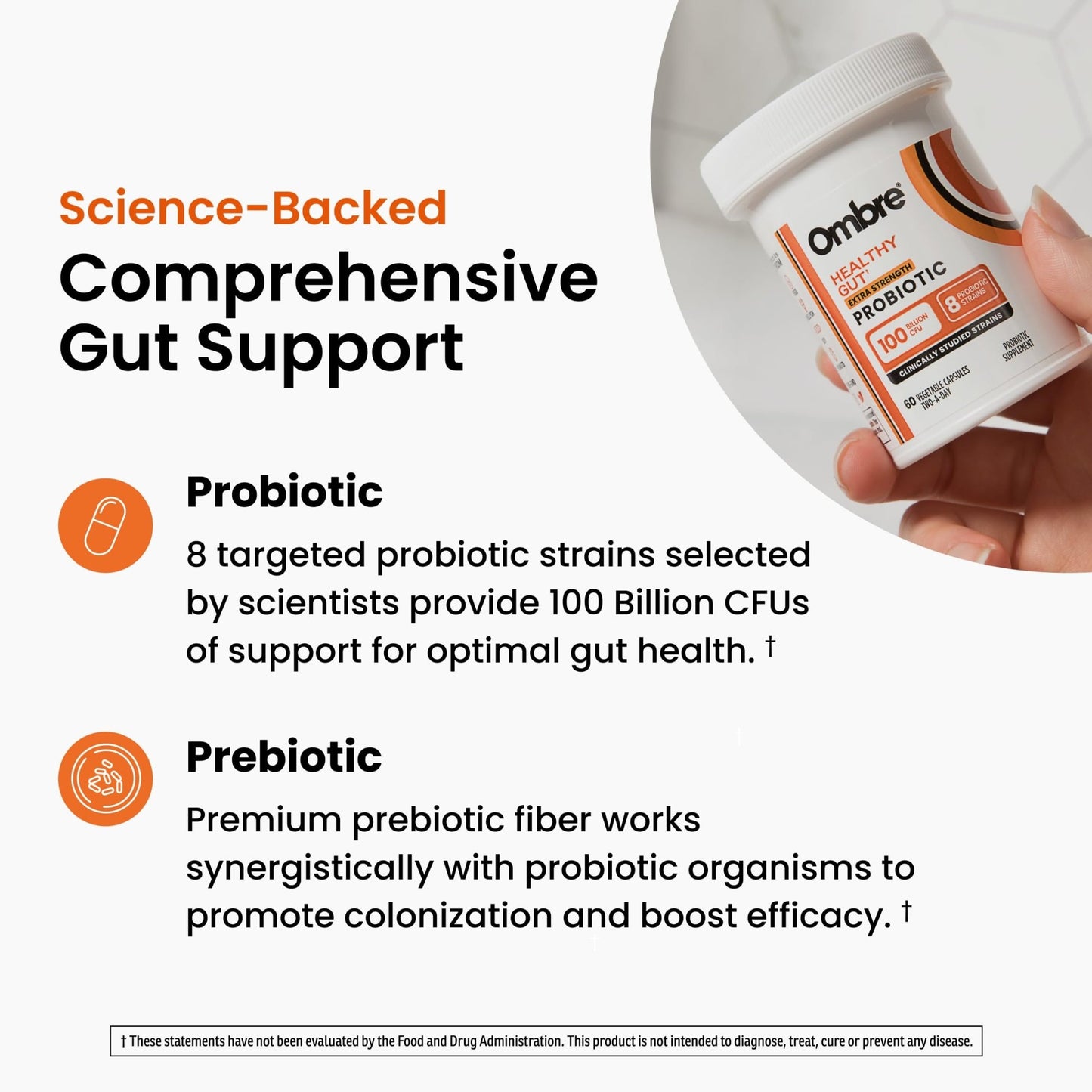 Ombre Healthy Gut Probiotics for Digestive Health 100 Billion CFU - Prebiotics and Probiotics for Women & Men with Lactobacillus Acidophilus & Digestive Enzymes, Gut Health Support, Vegan, 30 Servings - dailyvitalstore