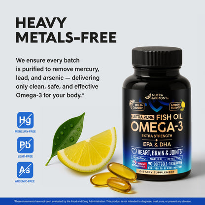 Omega 3 Fish Oil 3600 mg - Omega 3 Supplement | EPA & DHA - Heavy Metals Free - Heart, Brain & Joint Support - Purified Fish Oil for Men & Women - Lemon Flavored - Made in USA, 90 Softgels - dailyvitalstore