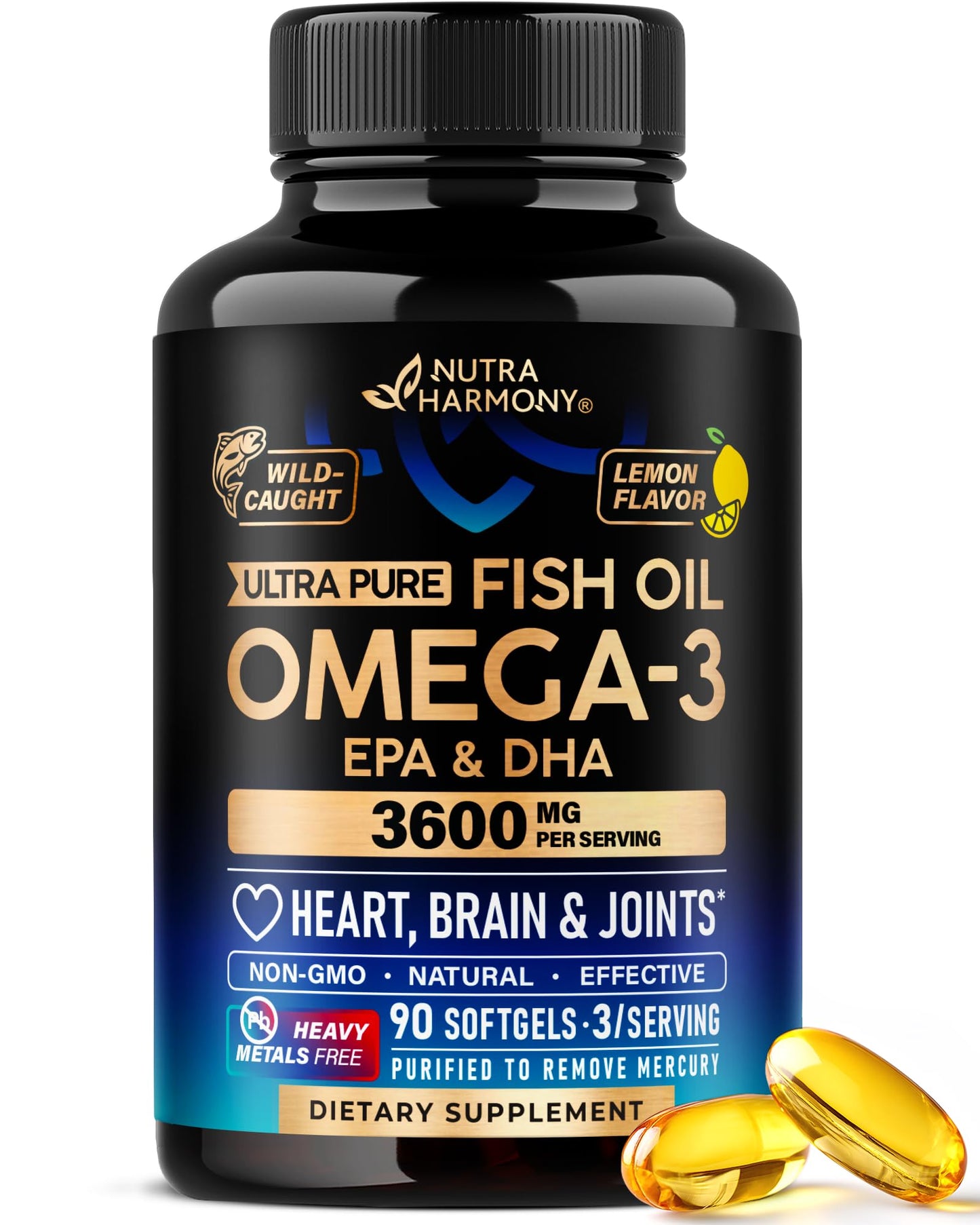 Omega 3 Fish Oil 3600 mg - Omega 3 Supplement | EPA & DHA - Heavy Metals Free - Heart, Brain & Joint Support - Purified Fish Oil for Men & Women - Lemon Flavored - Made in USA, 90 Softgels - dailyvitalstore
