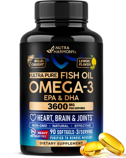 Omega 3 Fish Oil 3600 mg - Omega 3 Supplement | EPA & DHA - Heavy Metals Free - Heart, Brain & Joint Support - Purified Fish Oil for Men & Women - Lemon Flavored - Made in USA, 90 Softgels - dailyvitalstore