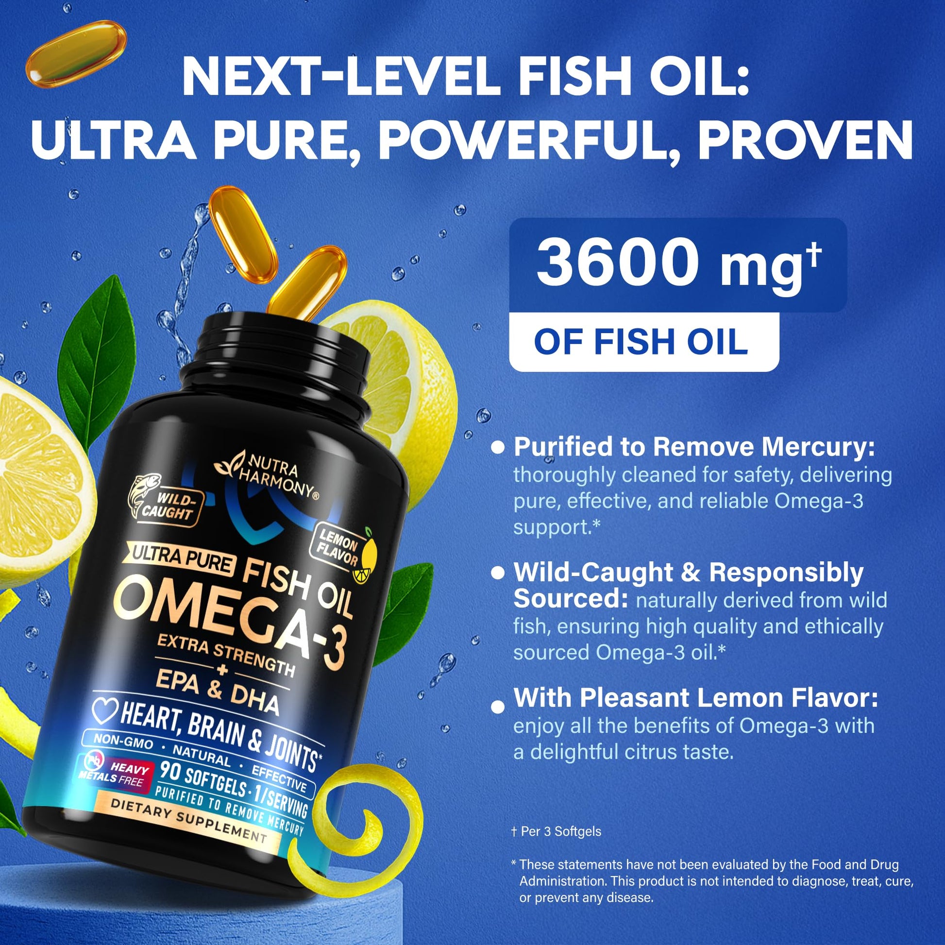 Omega 3 Fish Oil 3600 mg - Omega 3 Supplement | EPA & DHA - Heavy Metals Free - Heart, Brain & Joint Support - Purified Fish Oil for Men & Women - Lemon Flavored - Made in USA, 90 Softgels - dailyvitalstore