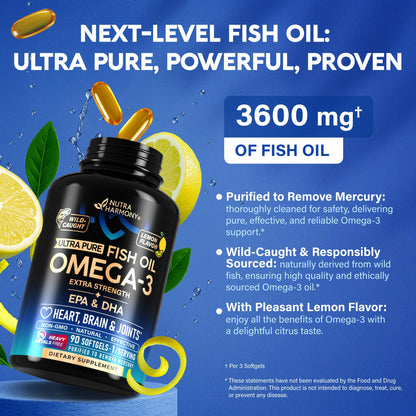 Omega 3 Fish Oil 3600 mg - Omega 3 Supplement | EPA & DHA - Heavy Metals Free - Heart, Brain & Joint Support - Purified Fish Oil for Men & Women - Lemon Flavored - Made in USA, 90 Softgels - dailyvitalstore