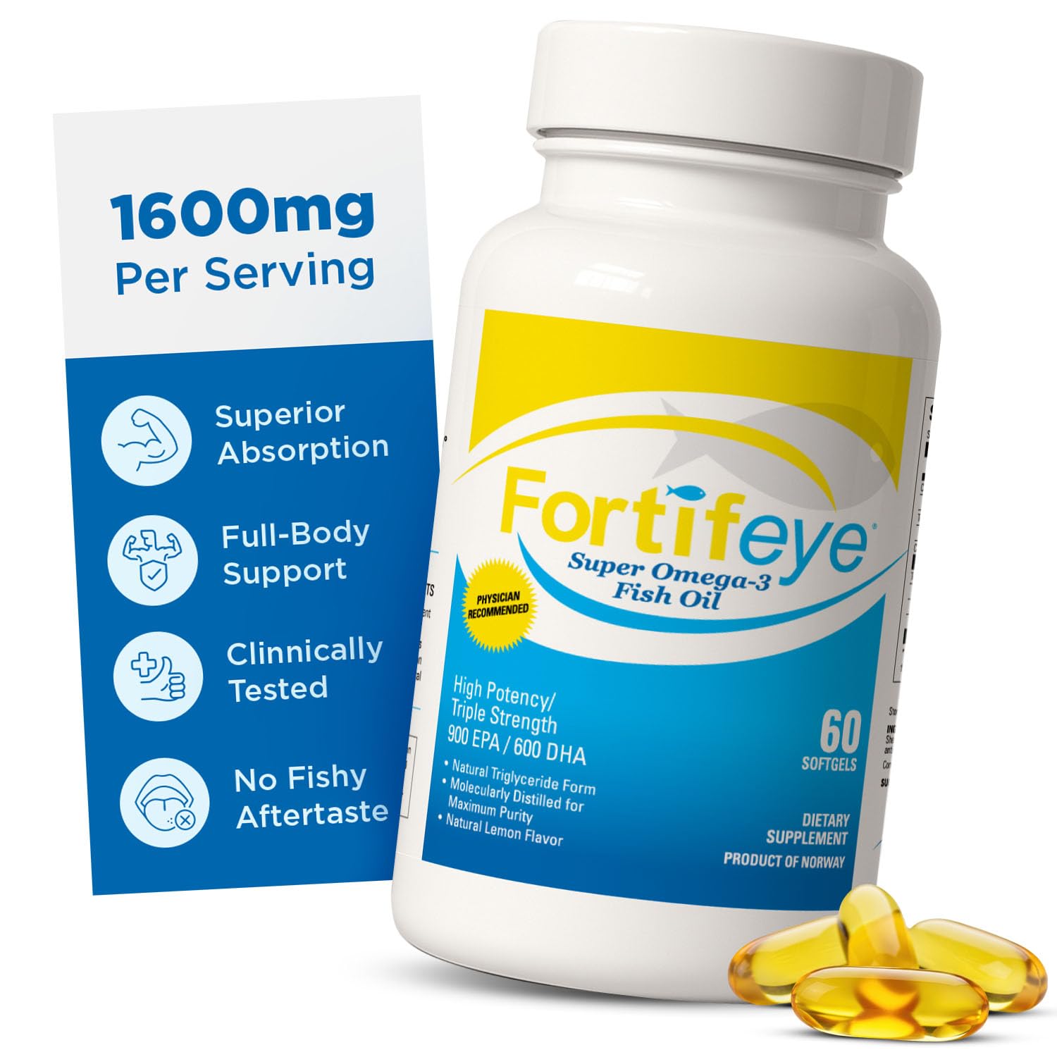 Omega 3 Fish Oil 60Count 1600 mg Made in Norway - High Potency Fish Oil Omega 3 Supplements Triglyceride Form with EPA and DHA Supplements for Women and Men No Fishy After Taste Natural Lemon Flavor - dailyvitalstore