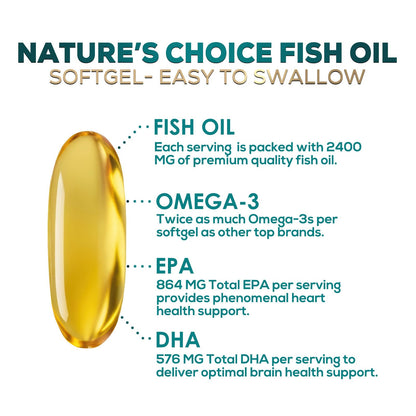 Omega 3 Fish Oil Supplements - 2400mg Fish Oil Per Serving - Triple Strength Omega-3 with Fatty Acids EPA & DHA - Natural Heart, Brain & Immune Support - dailyvitalstore