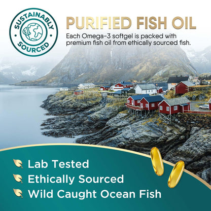 Omega 3 Fish Oil Supplements - 2400mg Fish Oil Per Serving - Triple Strength Omega-3 with Fatty Acids EPA & DHA - Natural Heart, Brain & Immune Support - dailyvitalstore