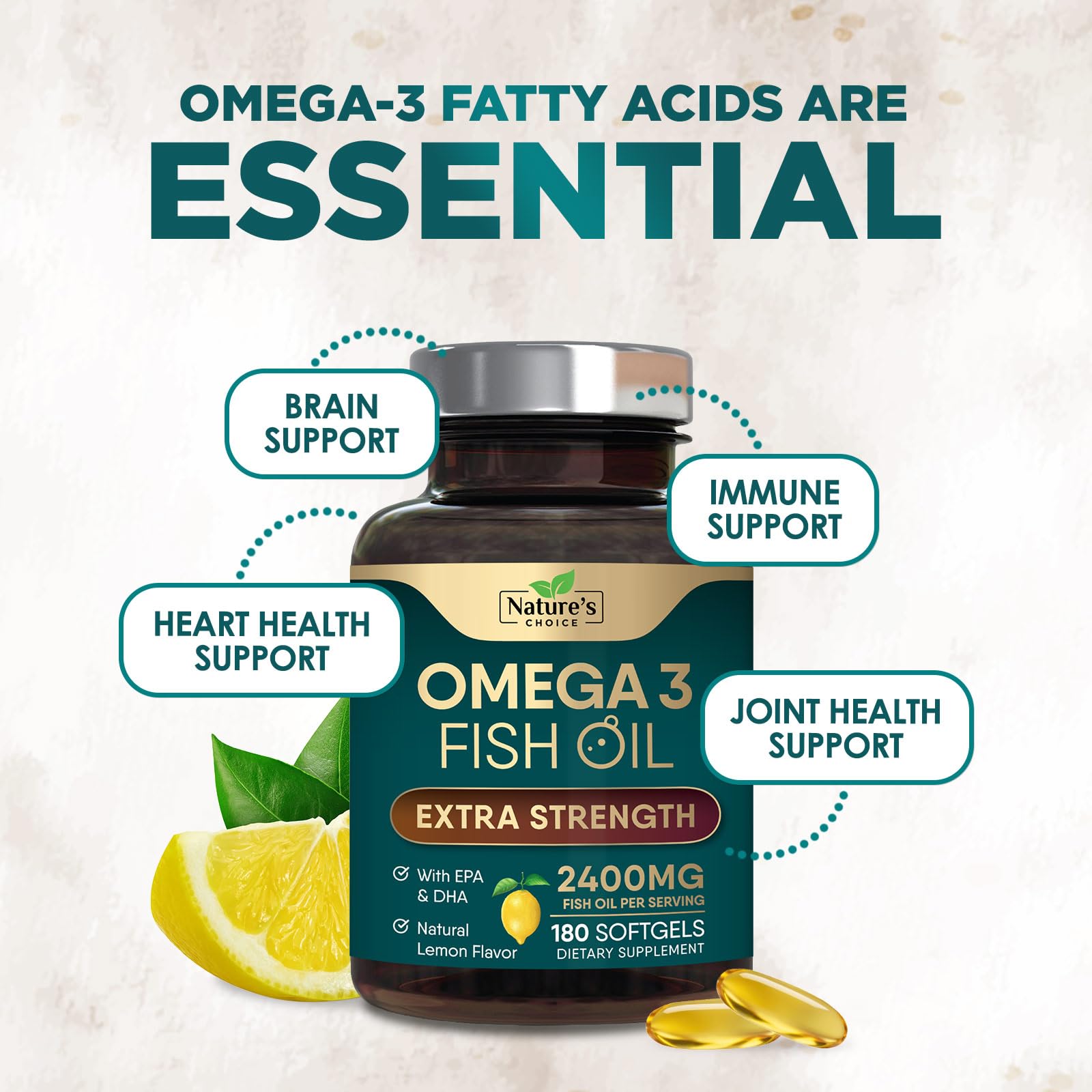 Omega 3 Fish Oil Supplements - 2400mg Fish Oil Per Serving - Triple Strength Omega-3 with Fatty Acids EPA & DHA - Natural Heart, Brain & Immune Support - dailyvitalstore