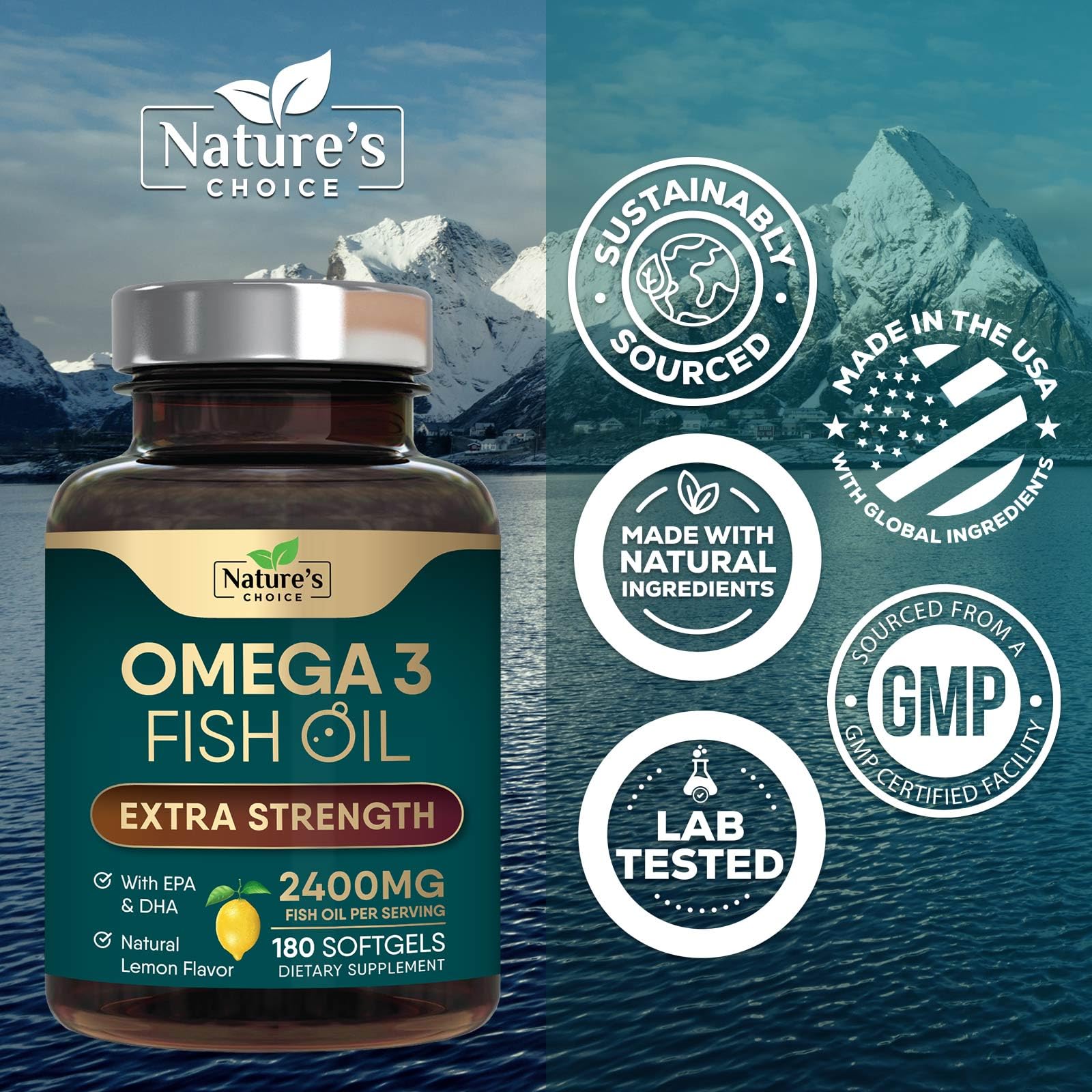 Omega 3 Fish Oil Supplements - 2400mg Fish Oil Per Serving - Triple Strength Omega-3 with Fatty Acids EPA & DHA - Natural Heart, Brain & Immune Support - dailyvitalstore