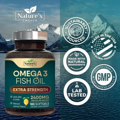 Omega 3 Fish Oil Supplements - 2400mg Fish Oil Per Serving - Triple Strength Omega-3 with Fatty Acids EPA & DHA - Natural Heart, Brain & Immune Support - dailyvitalstore