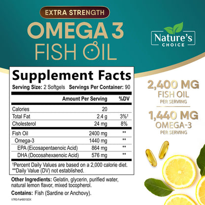 Omega 3 Fish Oil Supplements - 2400mg Fish Oil Per Serving - Triple Strength Omega-3 with Fatty Acids EPA & DHA - Natural Heart, Brain & Immune Support - dailyvitalstore