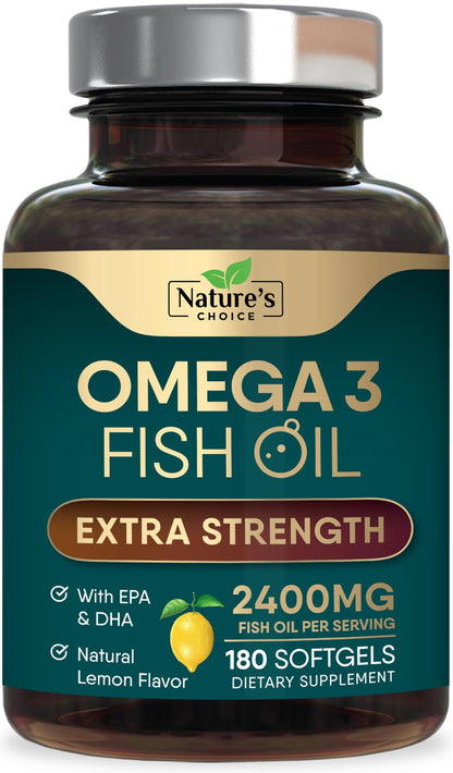 Omega 3 Fish Oil Supplements - 2400mg Fish Oil Per Serving - Triple Strength Omega-3 with Fatty Acids EPA & DHA - Natural Heart, Brain & Immune Support - dailyvitalstore