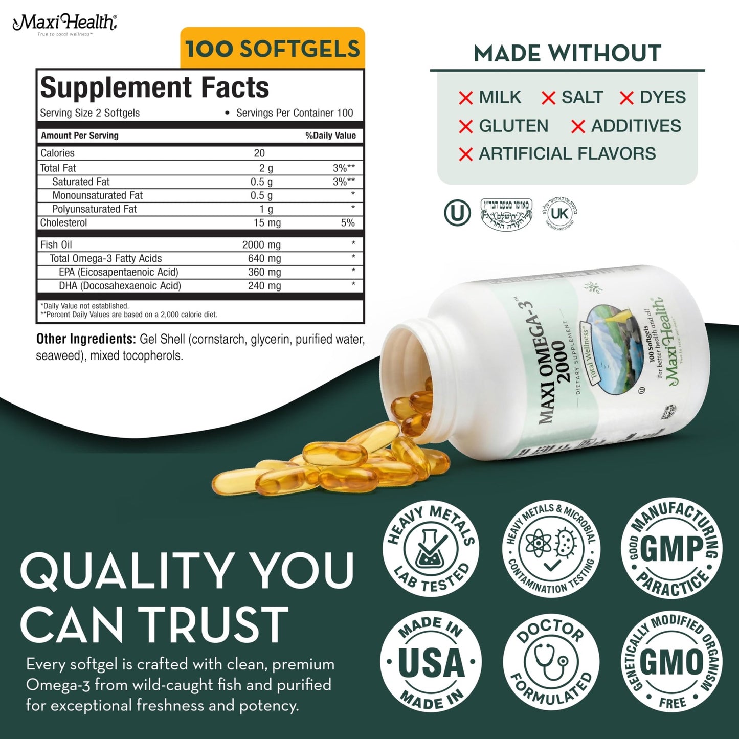 Omega 3 Fish Oil - Triple Strength 2000 mg Kosher Fish Oil Supplements - No Fishy Aftertaste Omega 3 Supplement - Burpless Fish Oil Omega 3 Fatty Acid - dailyvitalstore