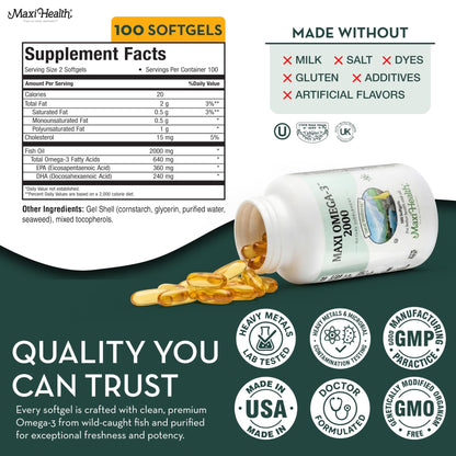 Omega 3 Fish Oil - Triple Strength 2000 mg Kosher Fish Oil Supplements - No Fishy Aftertaste Omega 3 Supplement - Burpless Fish Oil Omega 3 Fatty Acid - dailyvitalstore
