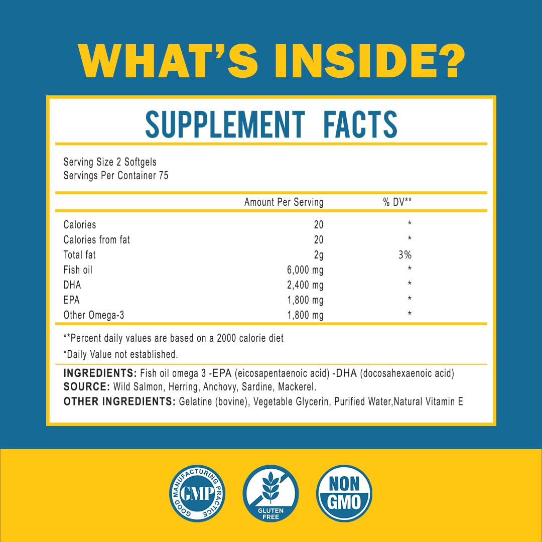 Omega 3 Fish Oil with Maximum EPA DHA - Supports Brain, Liver, Heart & Immunity - Made in The USA - 150 Softgels - dailyvitalstore