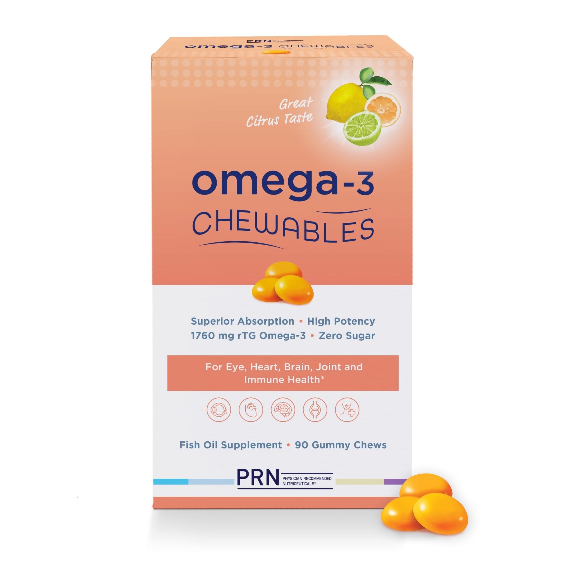 Omega 3 Gummy Chewables - 90 Gel Chews, 30-Day Supply, Citrus Flavor - 1760mg Ultra-Pure rTG Omega 3 for Eye, Heart, Brain, Joint & Immune Health - dailyvitalstore