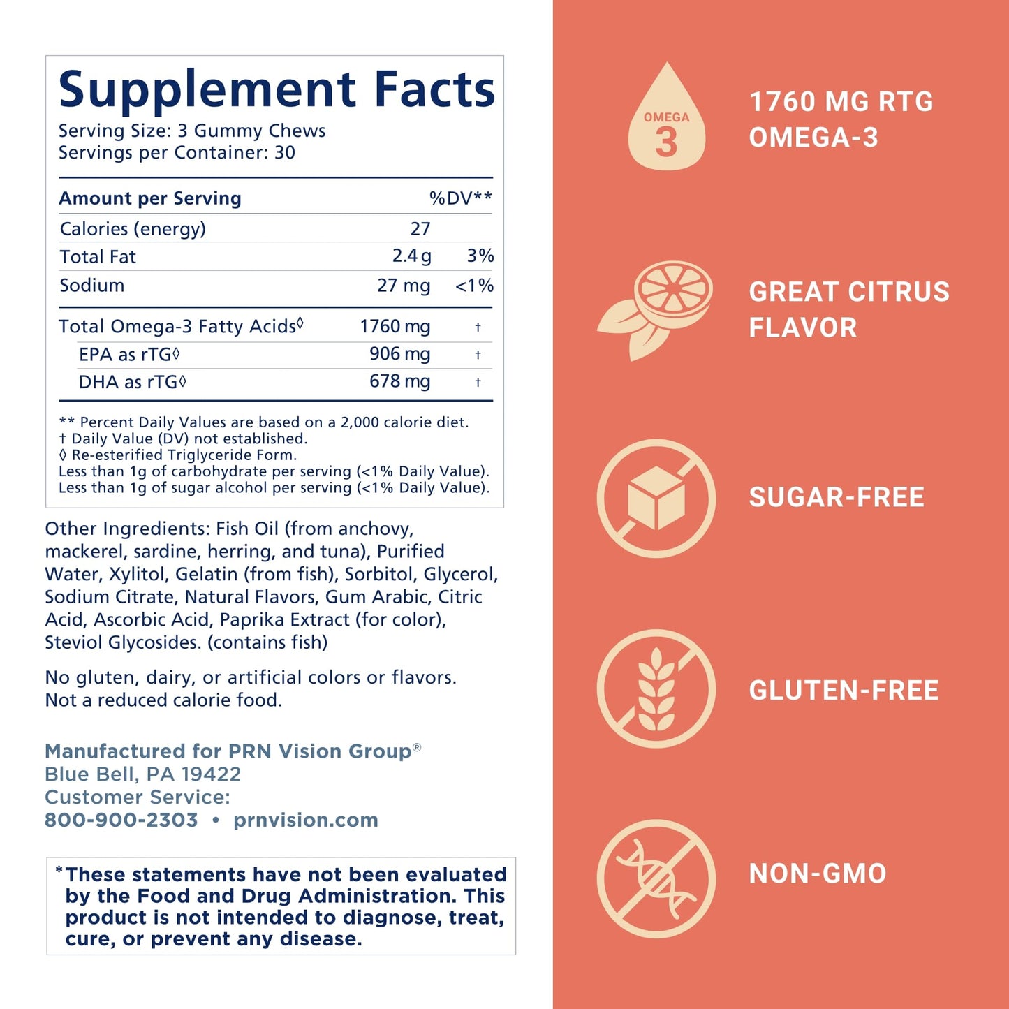 Omega 3 Gummy Chewables - 90 Gel Chews, 30-Day Supply, Citrus Flavor - 1760mg Ultra-Pure rTG Omega 3 for Eye, Heart, Brain, Joint & Immune Health - dailyvitalstore
