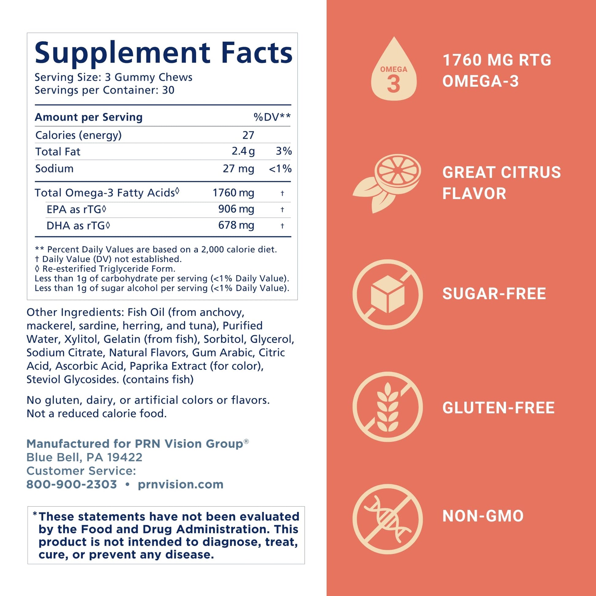 Omega 3 Gummy Chewables - 90 Gel Chews, 30-Day Supply, Citrus Flavor - 1760mg Ultra-Pure rTG Omega 3 for Eye, Heart, Brain, Joint & Immune Health - dailyvitalstore