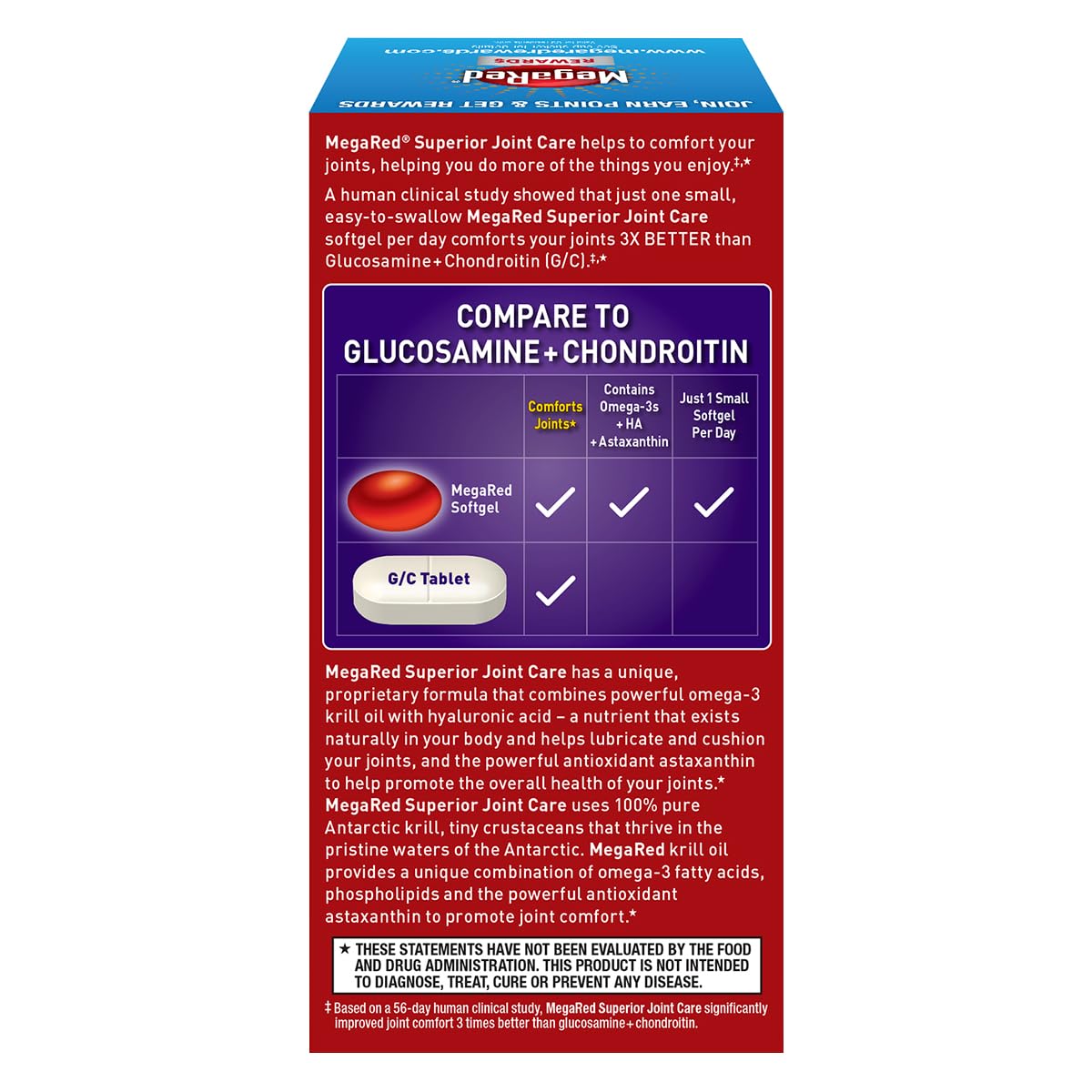 Omega-3 Krill Oil and Joint Supplement - Megared Joint Care 60 softgels - EPA/DHA fatty acids, Antioxidants, Hyaluronic acid, No fishy burp aftertaste as with Fish Oil - dailyvitalstore