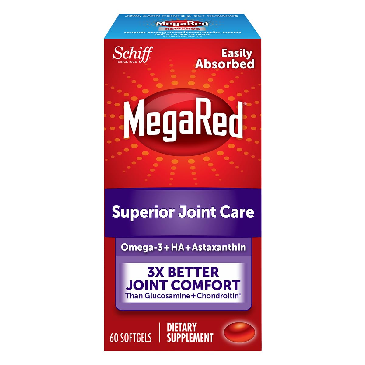 Omega-3 Krill Oil and Joint Supplement - Megared Joint Care 60 softgels - EPA/DHA fatty acids, Antioxidants, Hyaluronic acid, No fishy burp aftertaste as with Fish Oil - dailyvitalstore