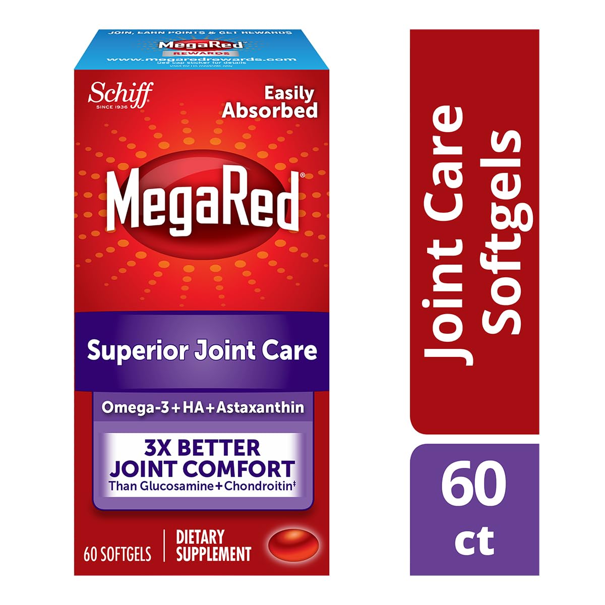 Omega-3 Krill Oil and Joint Supplement - Megared Joint Care 60 softgels - EPA/DHA fatty acids, Antioxidants, Hyaluronic acid, No fishy burp aftertaste as with Fish Oil - dailyvitalstore