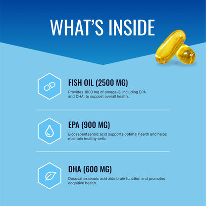 Omega-3 MD - EPA & DHA Supplement - 2500mg Omega 3 Fish Oil for Heart Health, Brain Support, Joint Comfort, & Overall Wellness - 2 Bottles - 6 Month Supply - dailyvitalstore
