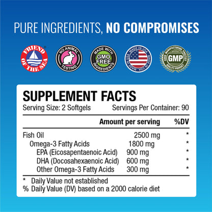Omega-3 MD - EPA & DHA Supplement - 2500mg Omega 3 Fish Oil for Heart Health, Brain Support, Joint Comfort, & Overall Wellness - 2 Bottles - 6 Month Supply - dailyvitalstore