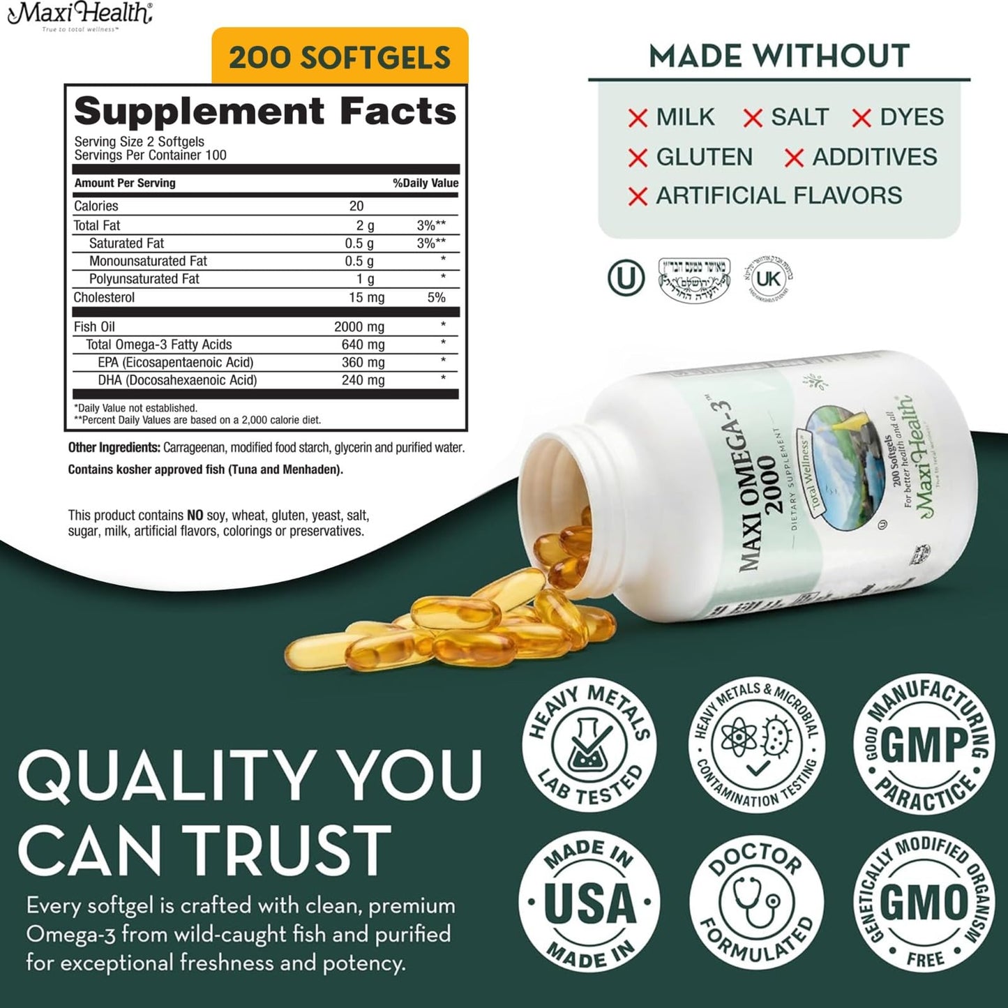 Omega 3 Supplement - Omega-3 Fish Oil 2000mg - Natural Source of EPA & DHA - Heart, & Joint Health - Kosher Certified Wild Caught Marine Fish - dailyvitalstore