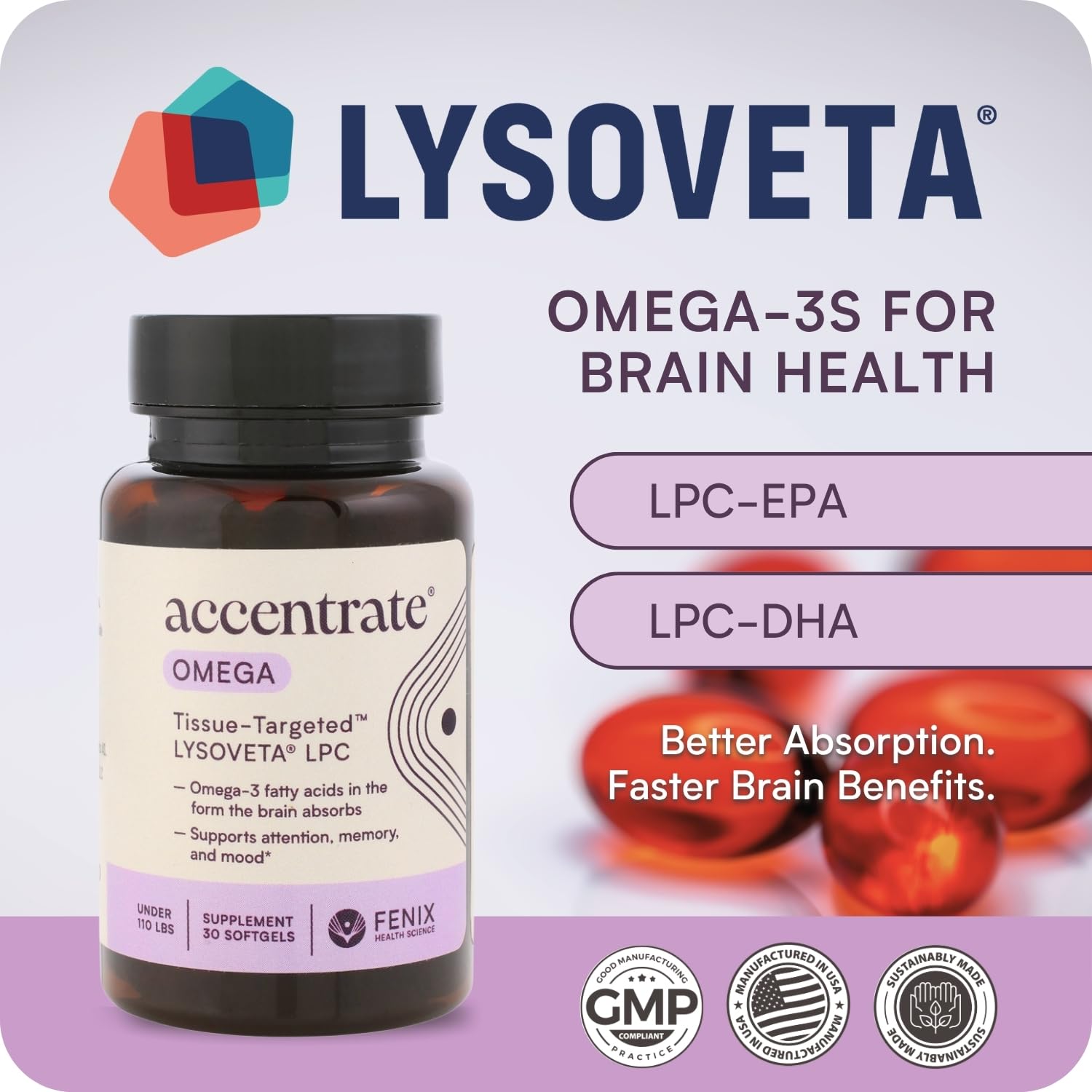 Omega w/LYSOVETA LPC | EPA & DHA Supplements for Brain Health | Focus, Attention, Memory, & Mood | 6X Higher Absorption Than Fish Oil | Omega-3 Fatty Acid Supplements | Highest Potency LPC-DHA - dailyvitalstore