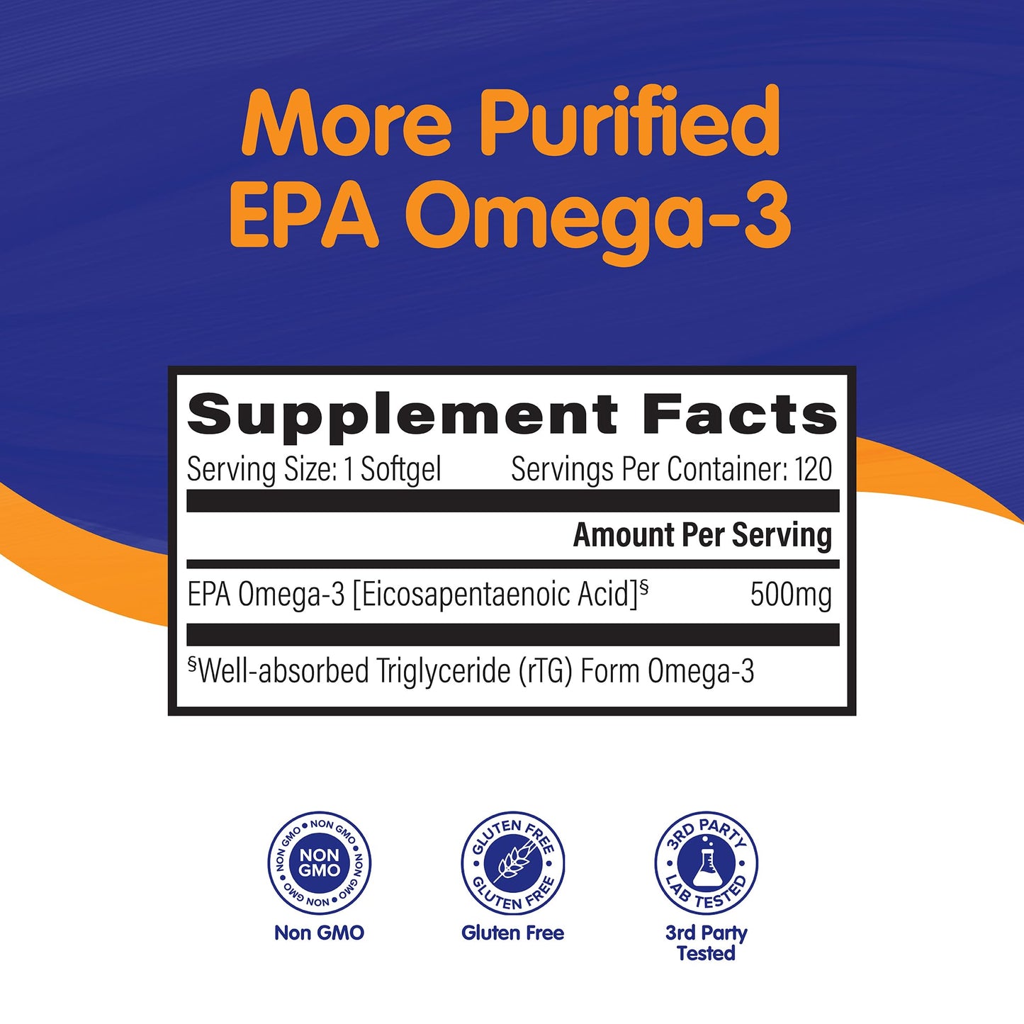 OmegaVia EPA 500, Purified Omega-3 Fish Oil Supplement, 500 mg EPA in Triglyceride Form, Burpless Fish Oil, Non-GMO, Gluten-Free, IFOS 5-Star, 120 Softgels - dailyvitalstore