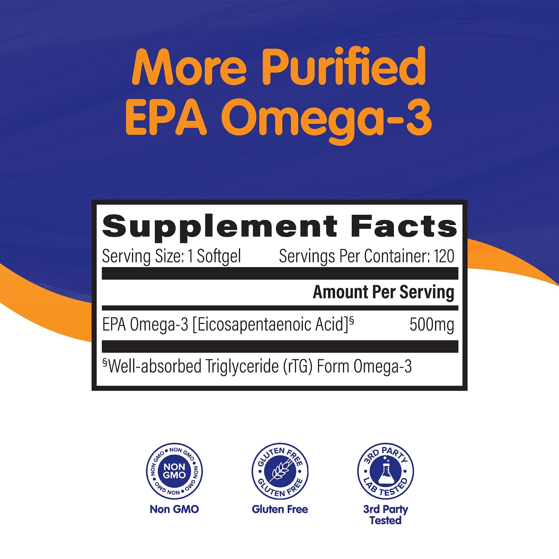 OmegaVia EPA 500, Purified Omega-3 Fish Oil Supplement, 500 mg EPA in Triglyceride Form, Burpless Fish Oil, Non-GMO, Gluten-Free, IFOS 5-Star, 120 Softgels - dailyvitalstore