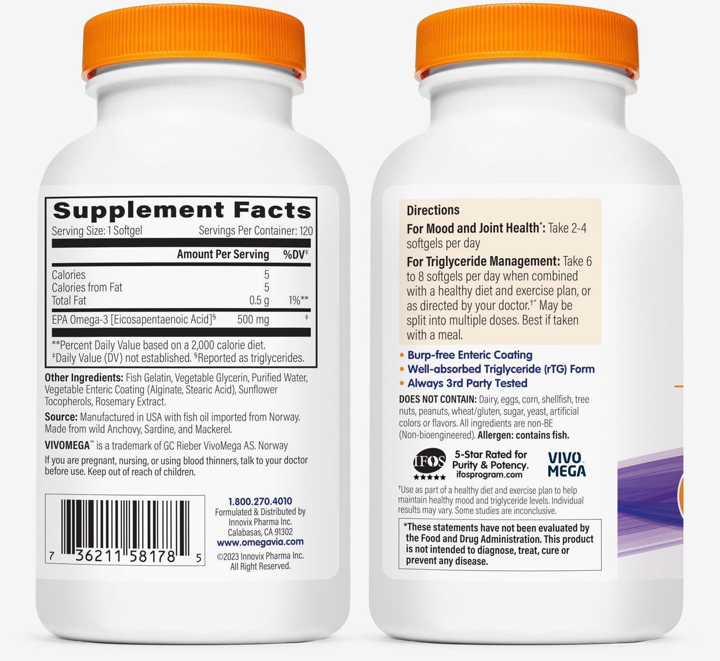 OmegaVia EPA 500, Purified Omega-3 Fish Oil Supplement, 500 mg EPA in Triglyceride Form, Burpless Fish Oil, Non-GMO, Gluten-Free, IFOS 5-Star, 120 Softgels - dailyvitalstore
