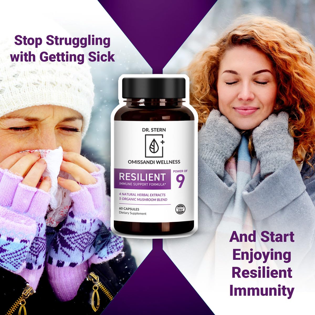 OMISSANDI-WELLNESS Resilient - Natural Immune System Support - Dr. Ian Stern Formulated - to boost your defenses - W/Organic Mushroom Blend, Echinacea, Astragalus & More - Vegan - Made in USA- 60 Caps - dailyvitalstore