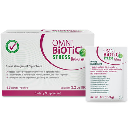 OMNi BiOTiC Stress Release - Clinically Tested Probiotic for Stress Management & Gut-Brain Axis Support - Stress Probiotic and Mood Probiotic - Vegan, Non-GMO (28 Daily Packets) - dailyvitalstore