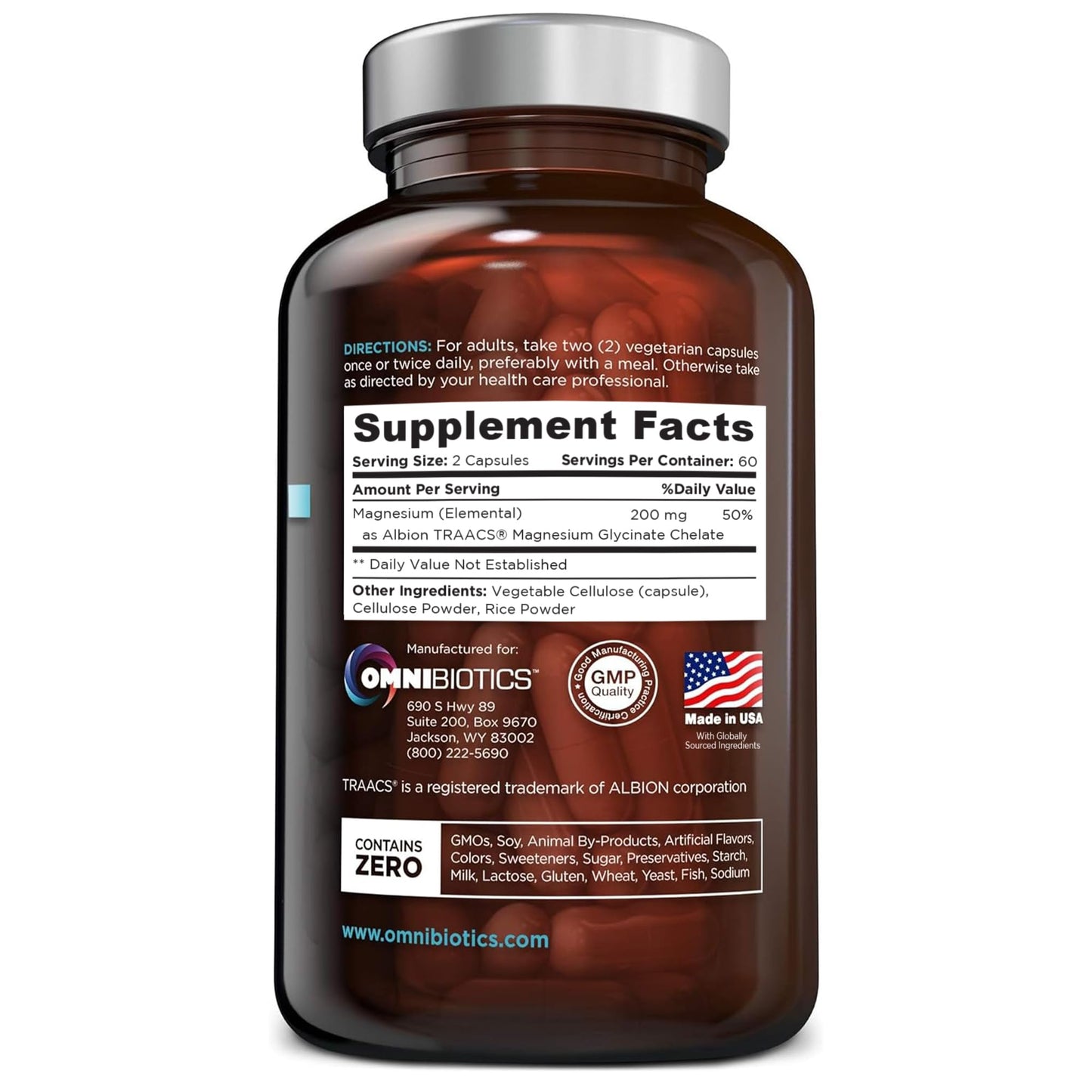 OmniBiotics Magnesium Glycinate Supplement – with 100% Pure Albion TRAACS Bisglycinate Chelate for Sleep, Muscle, Nerve & Heart Health – 120 Vegan Capsules - dailyvitalstore