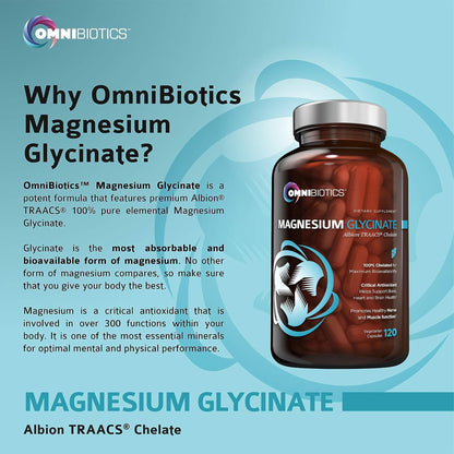 OmniBiotics Magnesium Glycinate Supplement – with 100% Pure Albion TRAACS Bisglycinate Chelate for Sleep, Muscle, Nerve & Heart Health – 120 Vegan Capsules - dailyvitalstore