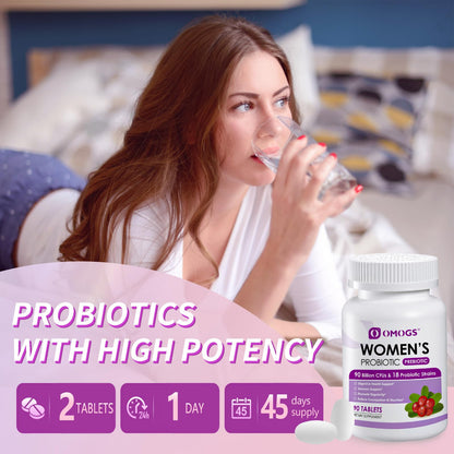 OMOGS 2PCS Women's Probiotic, with Cranberry Extract, Organic Prebiotics & Vitamin C, 90 Billion CFUs,18 Strains, Help for Boost Immune, Digestive, Gut Health & Women's Health,180 Tablets - dailyvitalstore