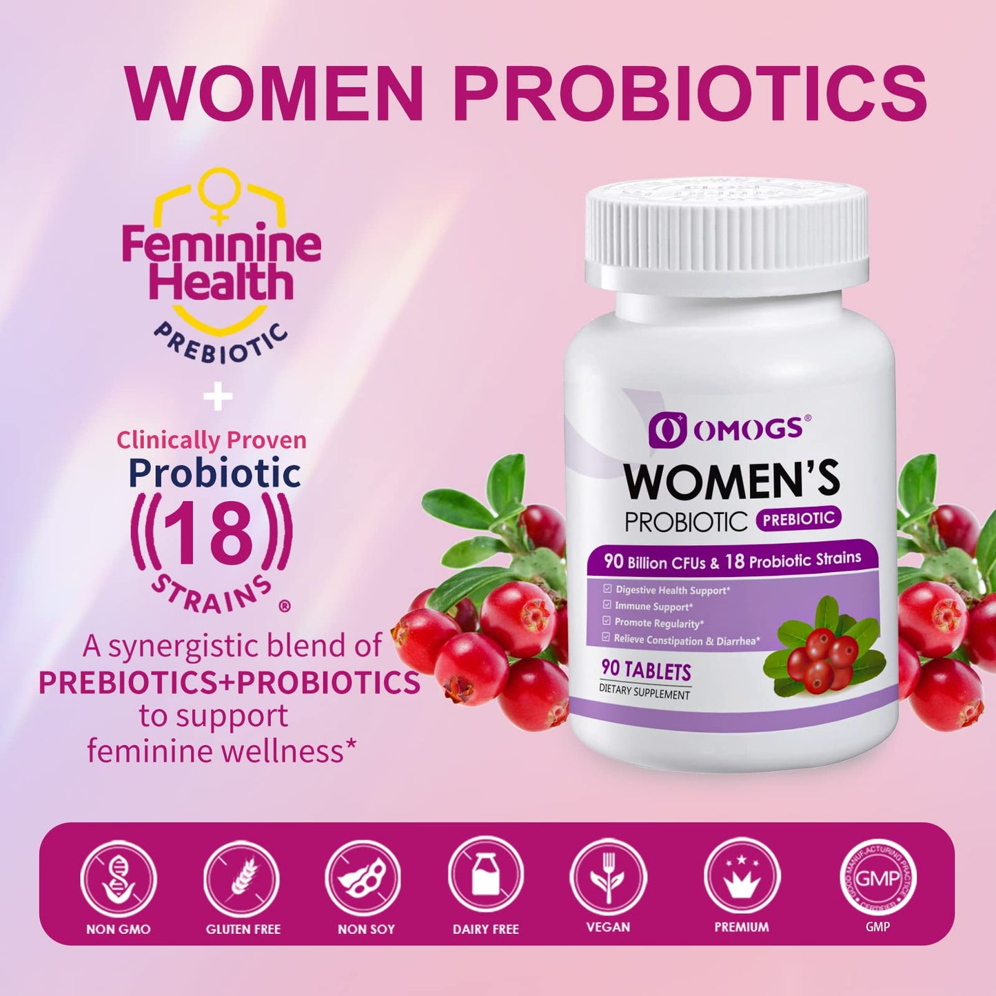 OMOGS 2PCS Women's Probiotic, with Cranberry Extract, Organic Prebiotics & Vitamin C, 90 Billion CFUs,18 Strains, Help for Boost Immune, Digestive, Gut Health & Women's Health,180 Tablets - dailyvitalstore