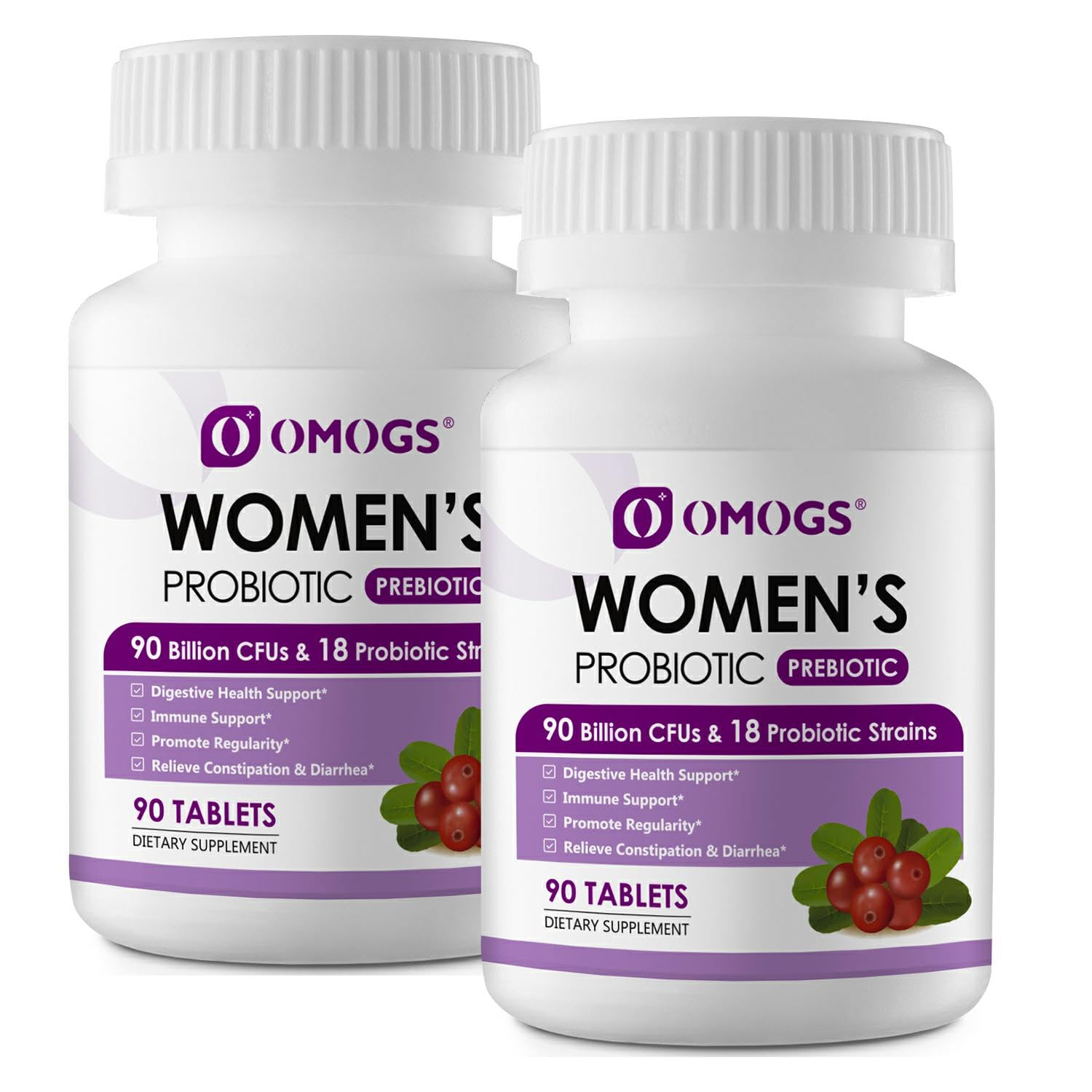 OMOGS 2PCS Women's Probiotic, with Cranberry Extract, Organic Prebiotics & Vitamin C, 90 Billion CFUs,18 Strains, Help for Boost Immune, Digestive, Gut Health & Women's Health,180 Tablets - dailyvitalstore