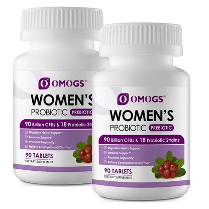 OMOGS 2PCS Women's Probiotic, with Cranberry Extract, Organic Prebiotics & Vitamin C, 90 Billion CFUs,18 Strains, Help for Boost Immune, Digestive, Gut Health & Women's Health,180 Tablets - dailyvitalstore
