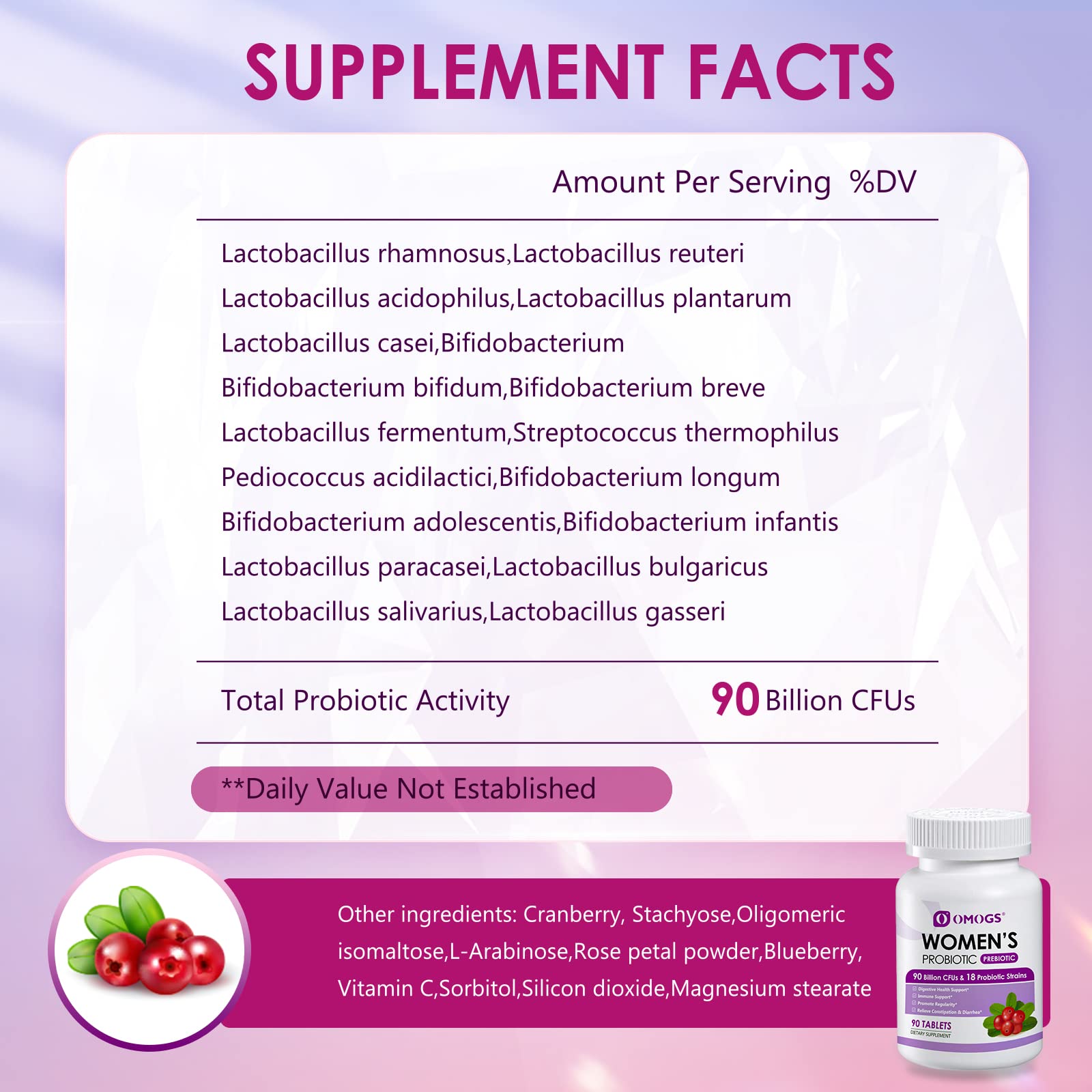 OMOGS 2PCS Women's Probiotic, with Cranberry Extract, Organic Prebiotics & Vitamin C, 90 Billion CFUs,18 Strains, Help for Boost Immune, Digestive, Gut Health & Women's Health,180 Tablets - dailyvitalstore