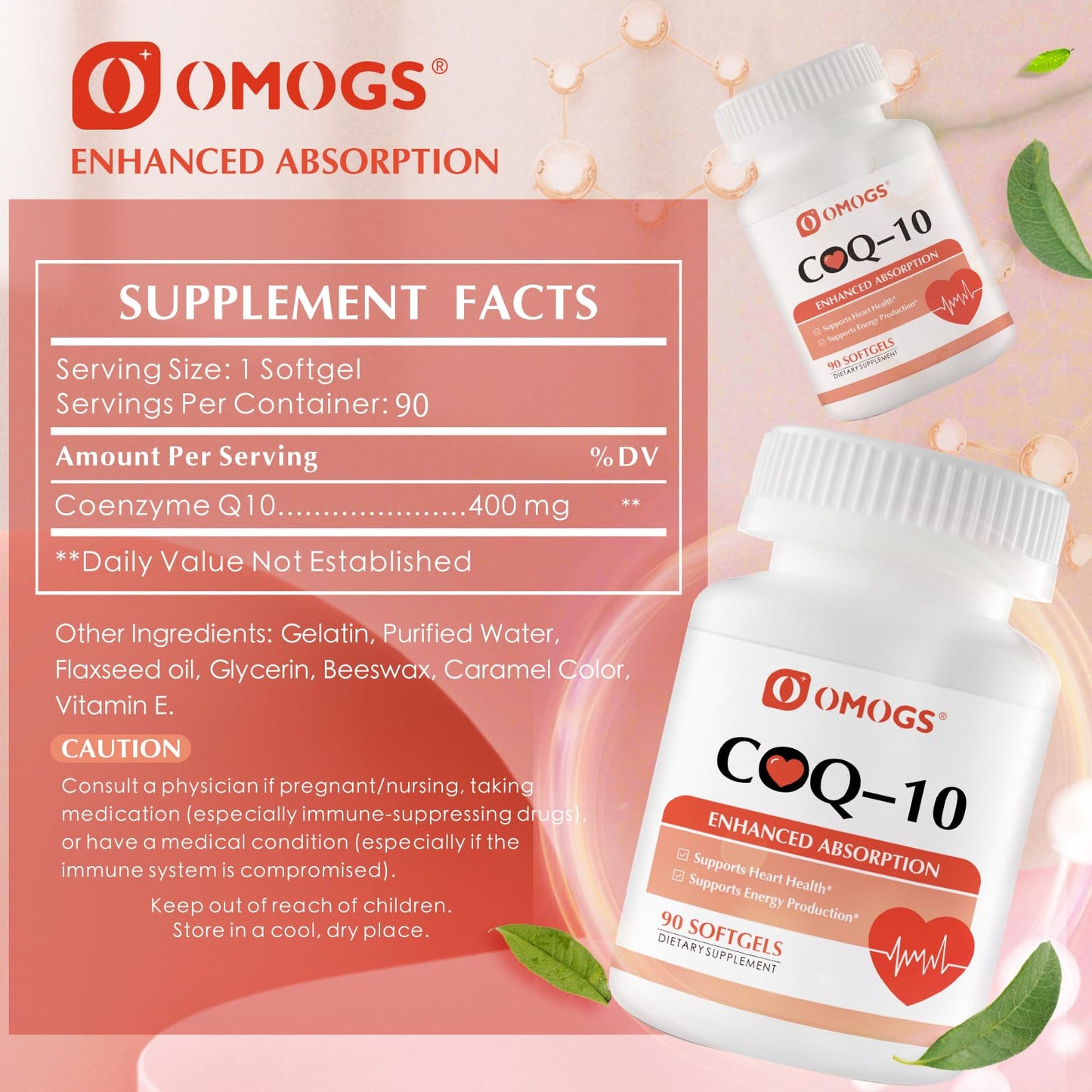 OMOGS CoQ10 400mg Softgels, Coenzyme Q10 High Absorption Supplements Support Heart Health, Cardiovascular Health, Immune System - dailyvitalstore