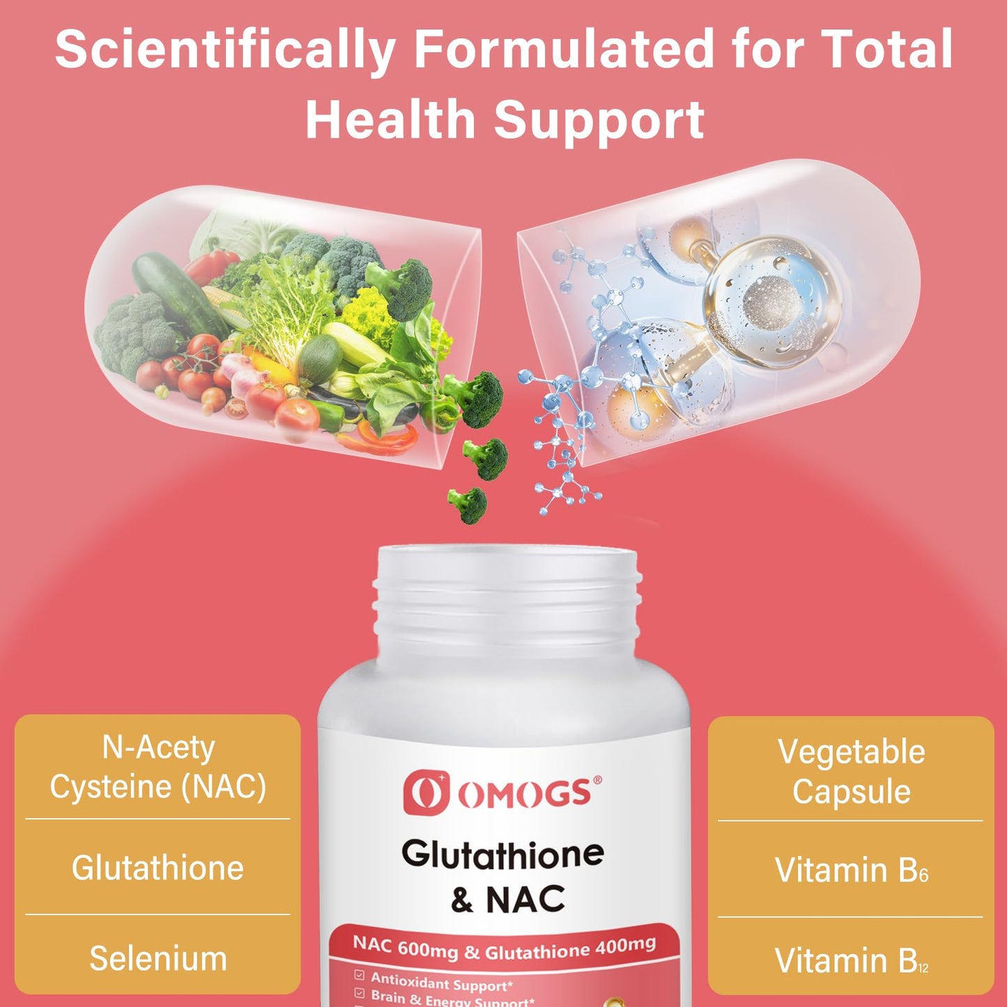 OMOGS Glutathione & NAC Supplement, with vtamin B & Selenium, Supports Liver Health, Cellular, Antioxidant, Energy Production & Immune - dailyvitalstore