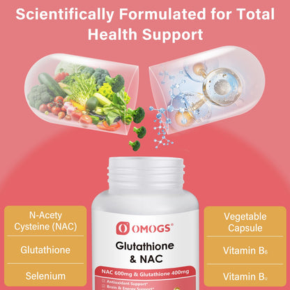 OMOGS Glutathione & NAC Supplement, with vtamin B & Selenium, Supports Liver Health, Cellular, Antioxidant, Energy Production & Immune - dailyvitalstore
