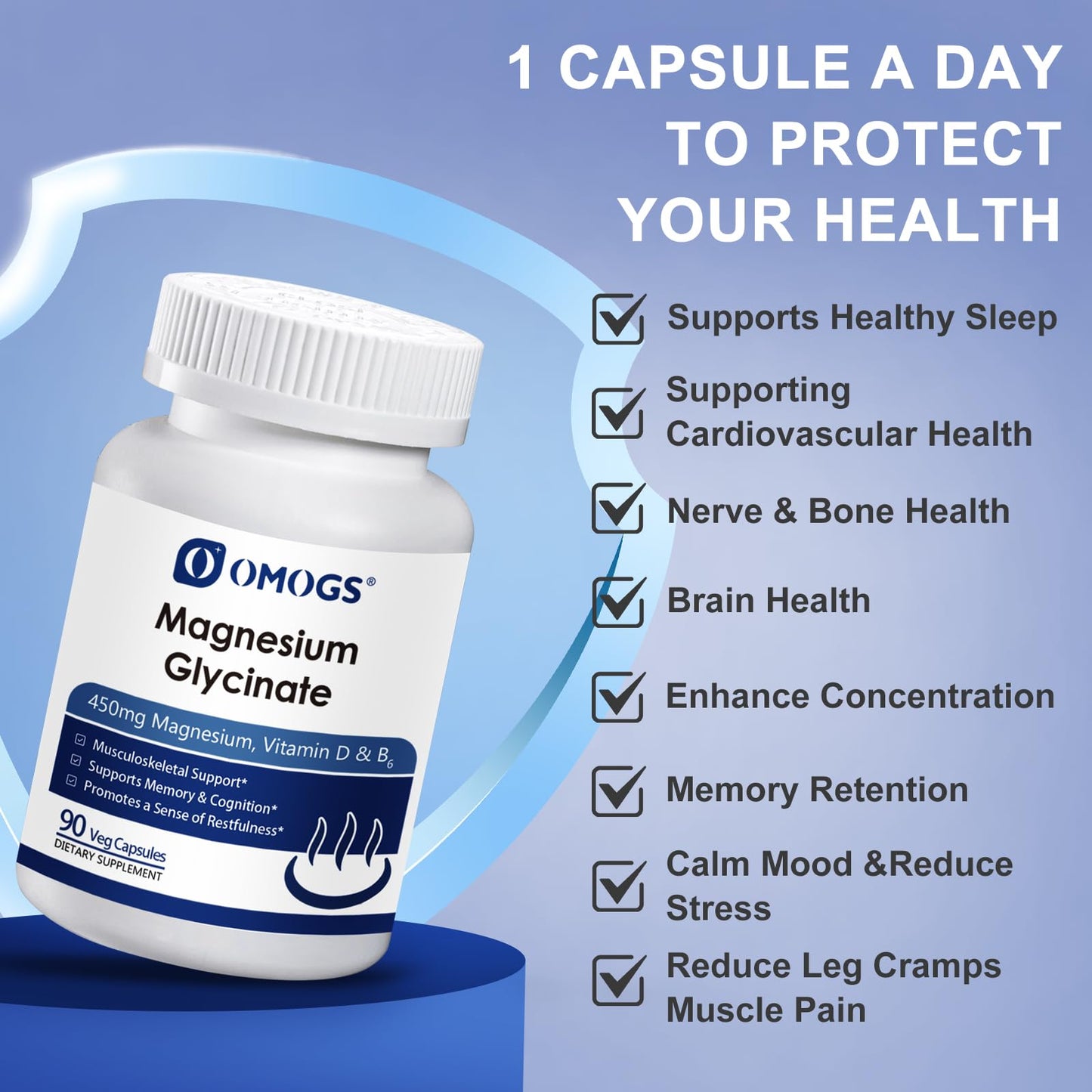OMOGS High Absorption Magnesium Glycinate, for Supporting Sleep, Muscle Relaxation, Heart Health & Bone Health, Gluten Free, Non-GMO, 90 Vegetarian Capsules - dailyvitalstore