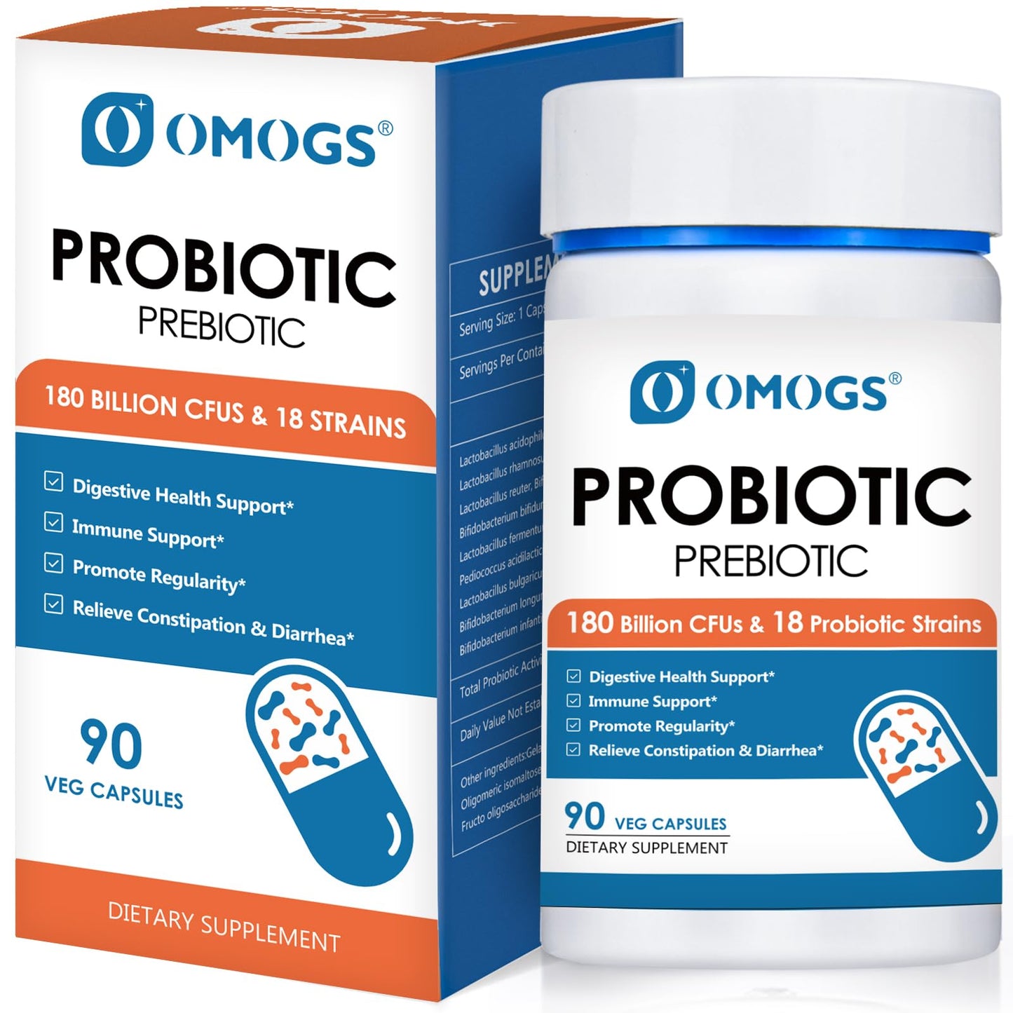 OMOGS Probiotics 180 Billion CFUs 18 Strains, 3 Prebiotics, Helps Digestive, Gut Health, Immune, Supports Occasional Constipation, Diarrhea & Gas - dailyvitalstore