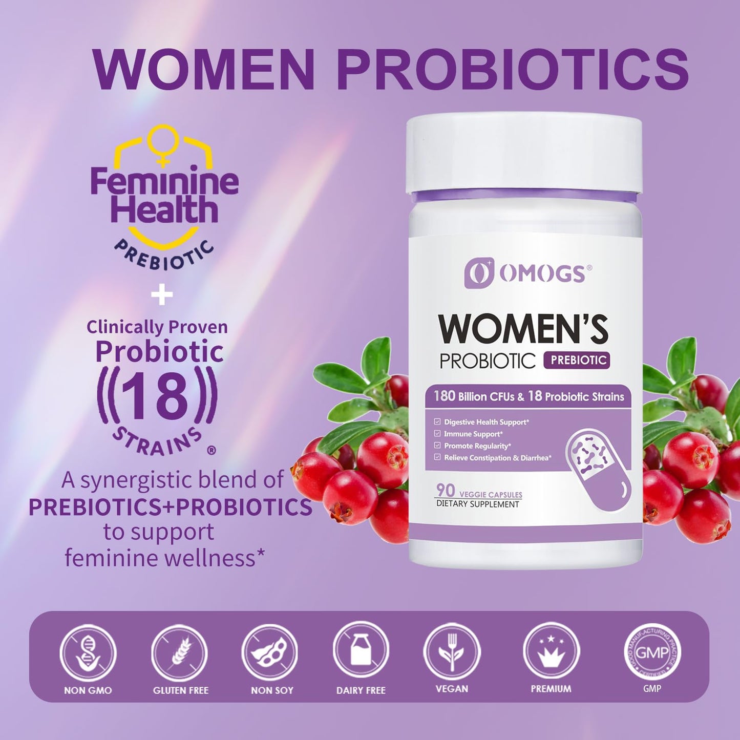 OMOGS Women's Probiotic 180 Billion CFUs 18 Strains, with Organic Prebiotics, Cranberry Extract, D-Mannose & Digestive Enzymes, for Digestive, Boost Immune, - dailyvitalstore