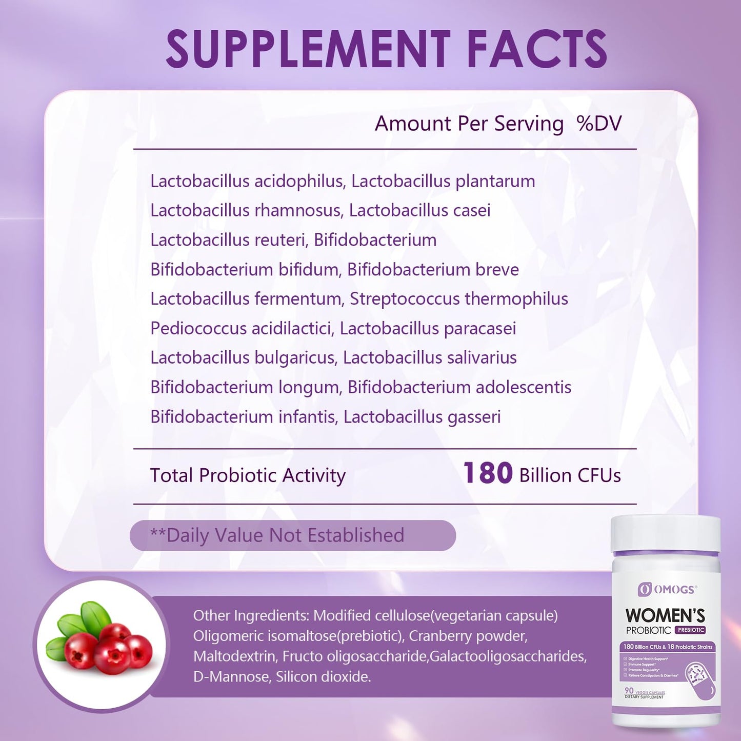 OMOGS Women's Probiotic 180 Billion CFUs 18 Strains, with Organic Prebiotics, Cranberry Extract, D-Mannose & Digestive Enzymes, for Digestive, Boost Immune, - dailyvitalstore