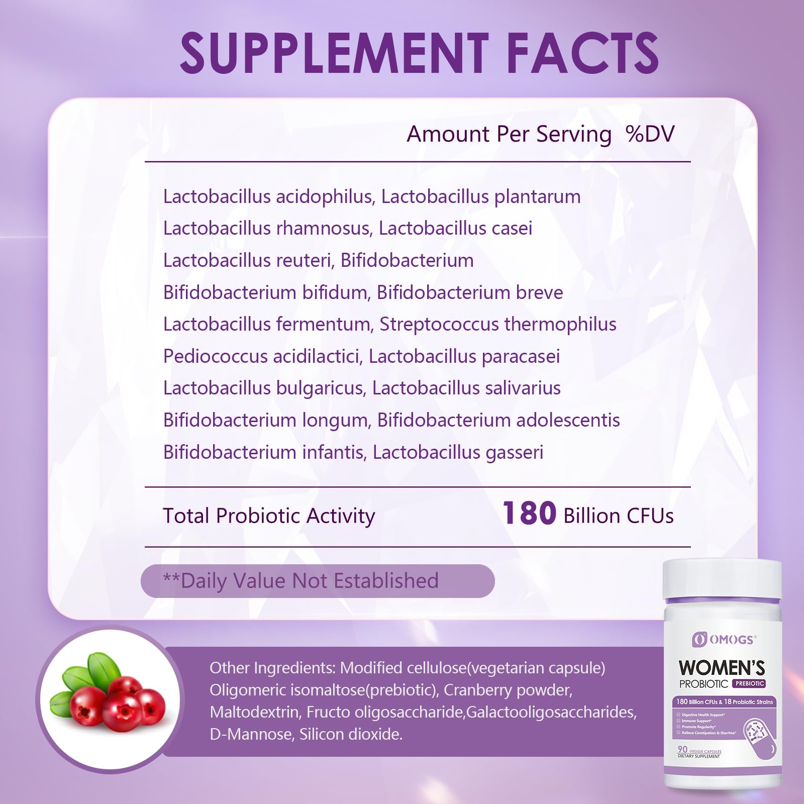 OMOGS Women's Probiotic 180 Billion CFUs 18 Strains, with Organic Prebiotics, Cranberry Extract, D-Mannose & Digestive Enzymes, for Digestive, Boost Immune, - dailyvitalstore