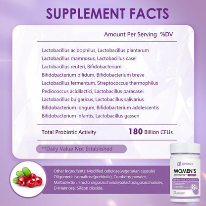 OMOGS Women's Probiotic 180 Billion CFUs 18 Strains, with Organic Prebiotics, Cranberry Extract, D-Mannose & Digestive Enzymes, for Digestive, Boost Immune, - dailyvitalstore