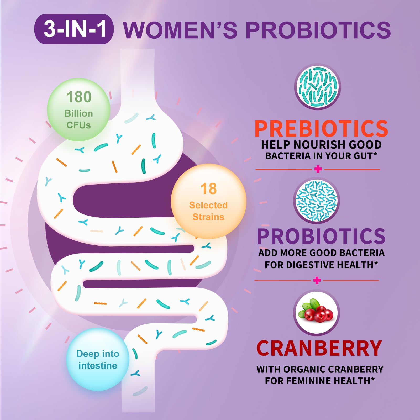 OMOGS Women's Probiotic 180 Billion CFUs 18 Strains, with Organic Prebiotics, Cranberry Extract, D-Mannose & Digestive Enzymes, for Digestive, Boost Immune, - dailyvitalstore