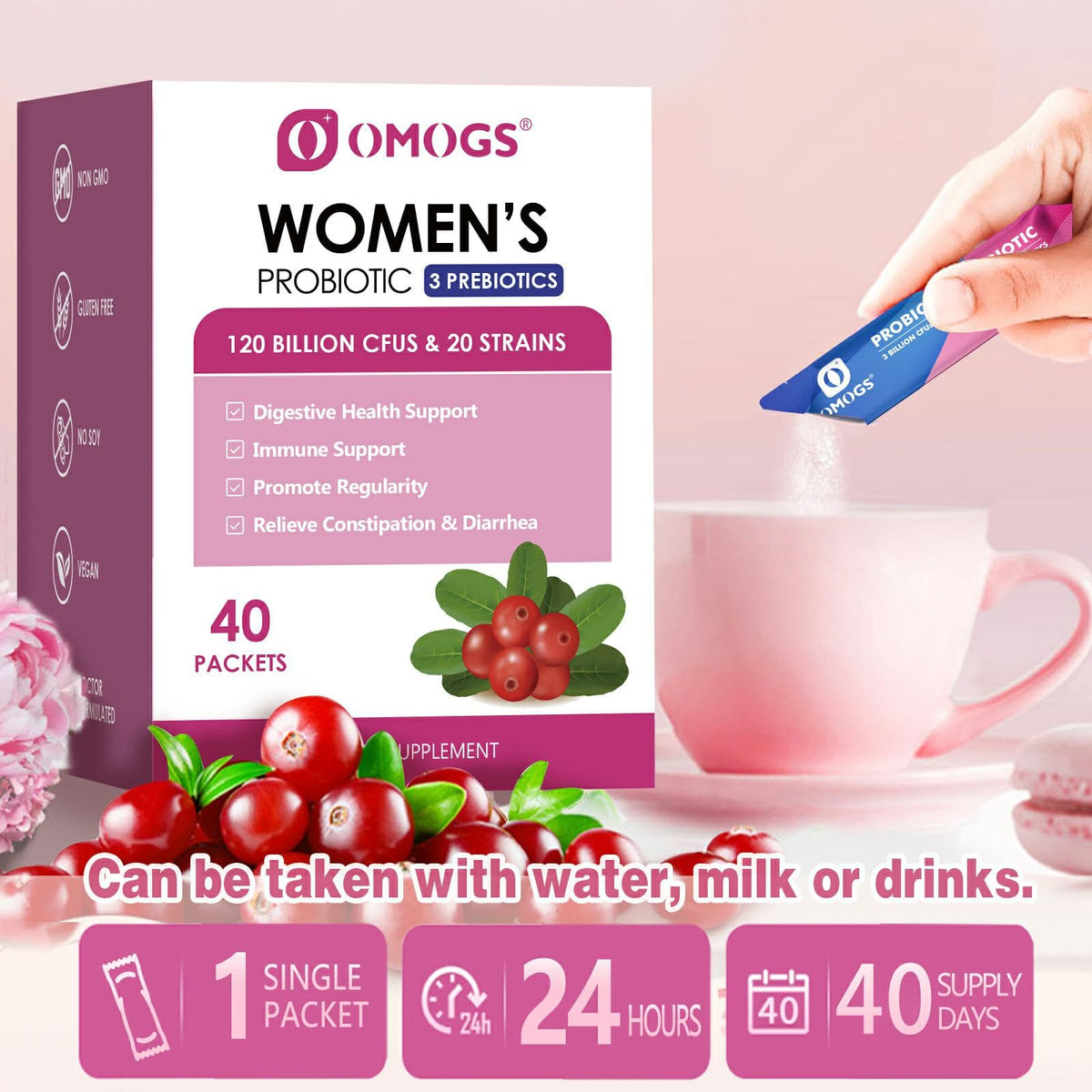 OMOGS Women's Probiotic,120-Billion-CFUs, 18 Strains, with 3 Prebiotics and Cranberry Extract, Help for Immune Booster, Digestive Health, Gut Health and Vaginal Health - dailyvitalstore
